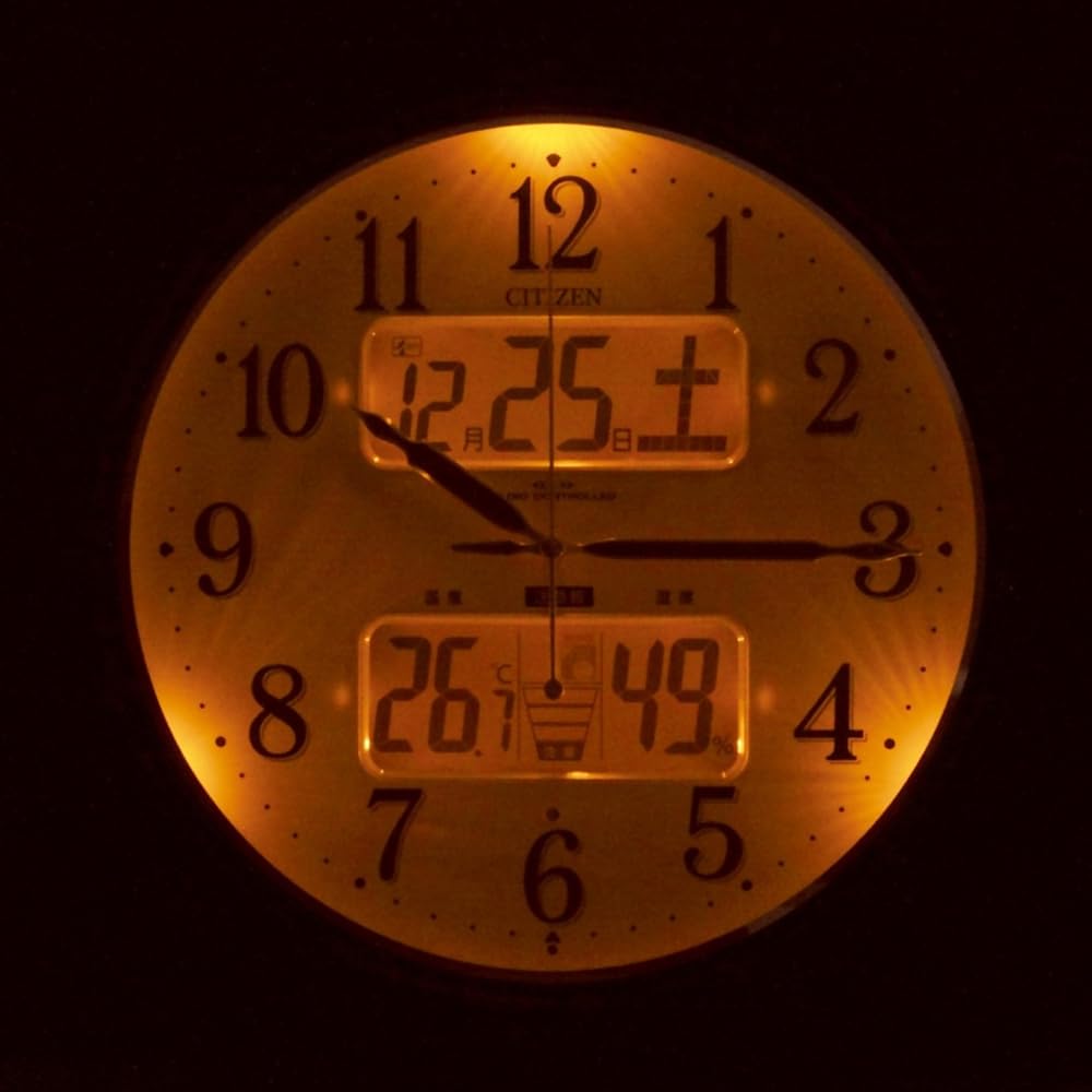 RHYTHM Citizen Wall Clock, Radio Controlled Clock, Thermometer and Hygrometer Included, Automatic Lighting at Night, Wooden Frame, Brown, CITIZEN Inform Navi EX Ф361x60mm 4FY620-006