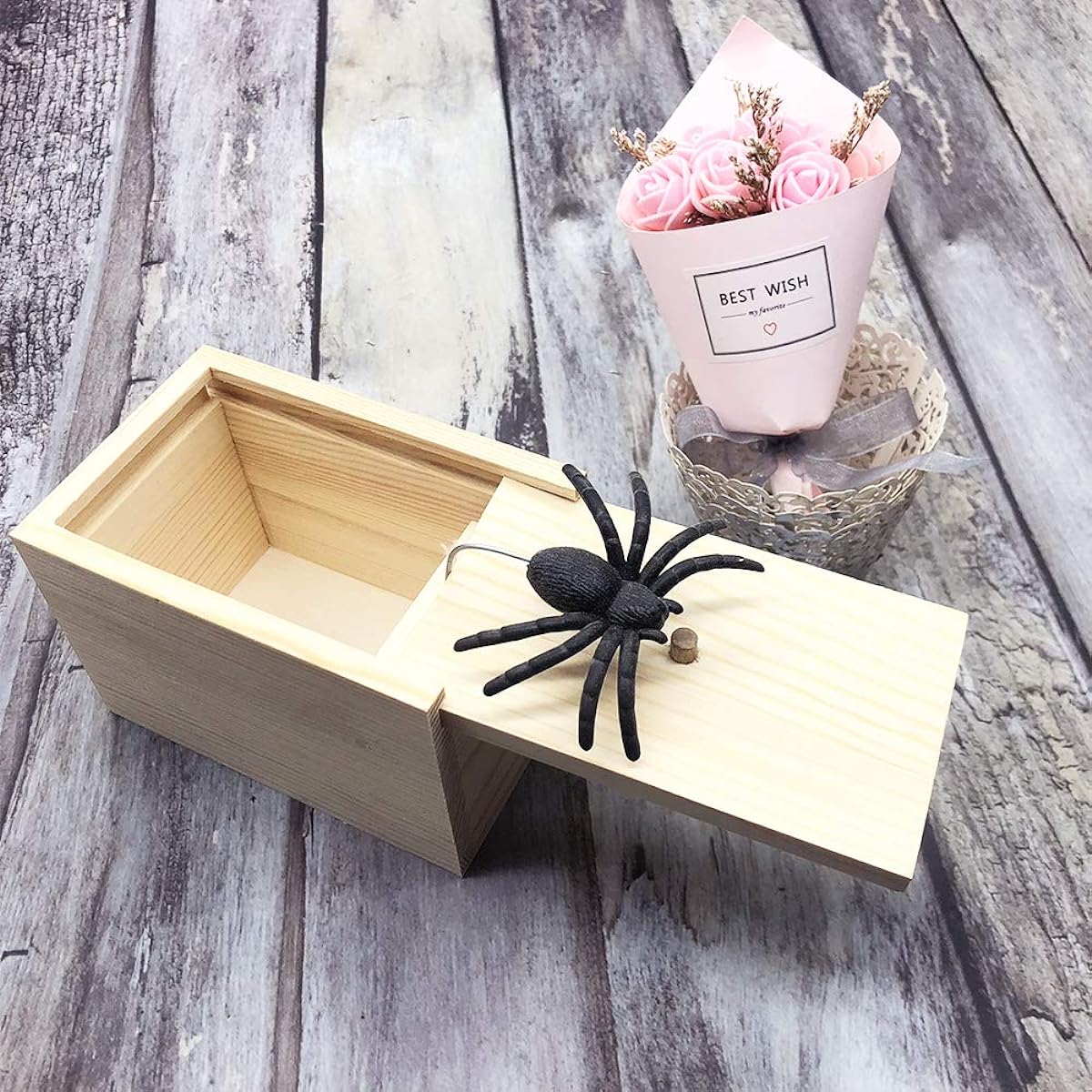 DE Spider Prank Scary Box Wooden Surprise Box Handmade Fun Practical Surprise Joke Box