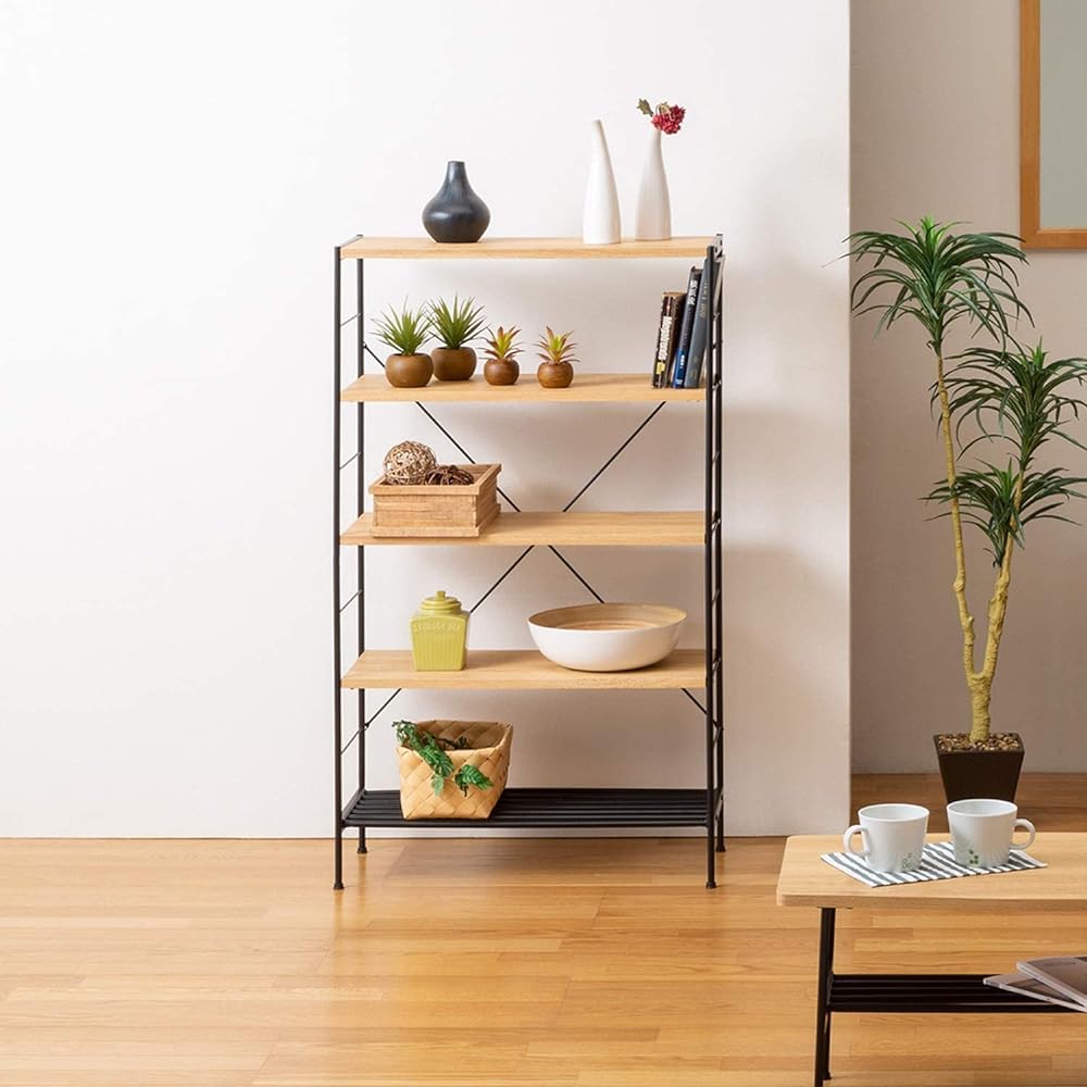 Shirai Sangyo Stylish open rack bookshelf that combines the softness of wood and the ruggedness of iron Natural brown Width 70.8 Height 118.9 Depth 29.9 cm RNT-1270 Rinatura