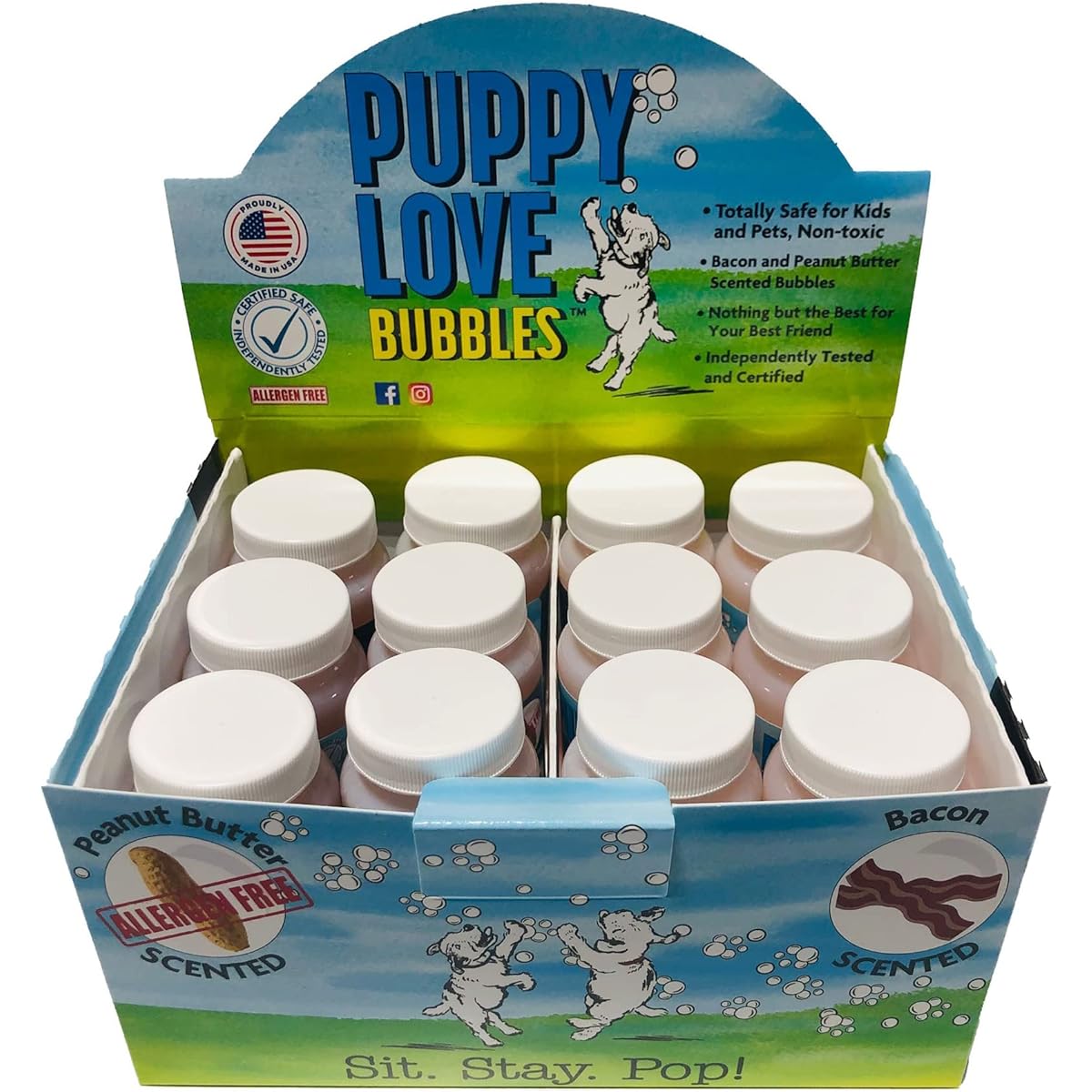 Puppy Love Bubbles 12 Pack 4oz Bottles Bacon & Peanut Butter (6 of Each) Scented Bubbles for Dogs, Non-Toxic, Allergen Free, Keep Your Dog's Inner Puppy Happy and Exercised for Hours