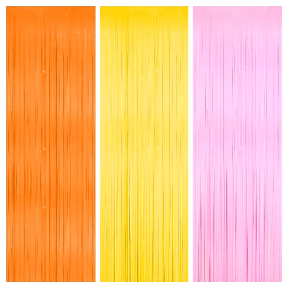 KatchOn Orange Pink and Yellow Fringe Backdrop - 9.6x8ft Set of 3 | Groovy Backdrop Curtains Groovy Party Decorations | Pink and Orange Party Decorations | Groovy Bachelorette Party Decorations