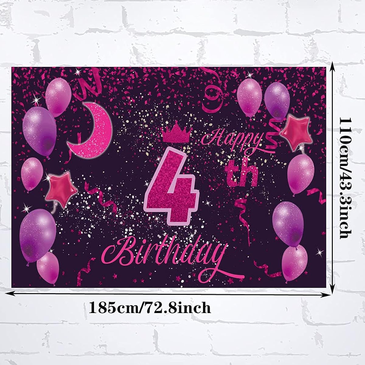 Sweet Happy 4th Birthday Background Banner Poster 4th Birthday Party Decorations 4th Birthday Party Supplies 4th Year Photo Backdrop for Girls Boys Women Men - Pink Purple 72.8 x 43.3 inches