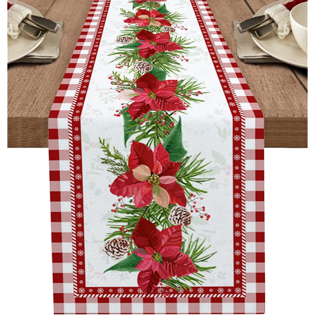 Houseown Christmas Table Runner Berry Pine Tree Rustic Table Runner for Holiday Birthday Party Kitchen Dining Table Home Decoration 13 x 108 Inch