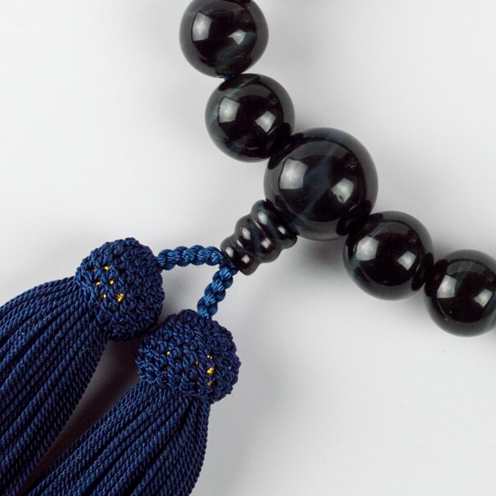 Sato Funeral 22 Blue Tiger Eye Stone Prayer Beads for Men Can be used by all denominations Made in Kyoto ``Comes with a carrying pouch'' ``Includes a Prayer Bead Sleep Case'' ``One Year Bead Repair Guarantee''