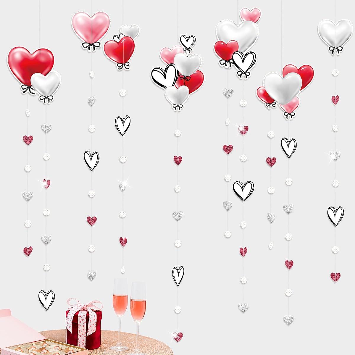 Love Heart Garland for Valentine's Day Decoration 7 Piece Set Red White Pink Heart Streamer Banner Background Anniversary Wedding Bridal Baby Shower Happy Mother's Day Party Supplies