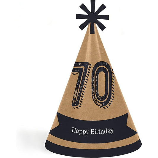 70th Milestone Birthday - Dashingly Aged to Perfection - Conical Happy Birthday Party Hats for Kids and Adults Set - 8 (Standard Size)
