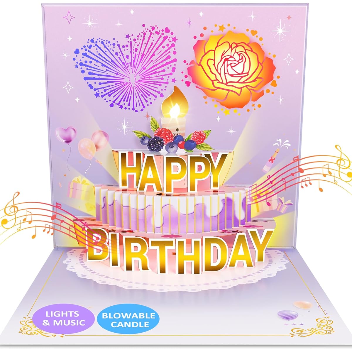 FITMITE Birthday Cards Musical Pop Up Happy Birthday Card with Light and Blowout Candles Birthday Gifts for Women Wife Sister Friend Kids Birthday Greeting Card with Envelope Purple Gold