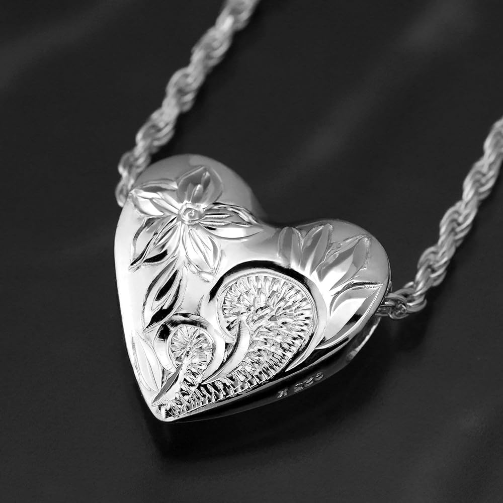 [Leilani] Hawaiian Jewelry Heart Reversible Plumeria & Scroll (Wave) Engraved Pendant Necklace Silver 925