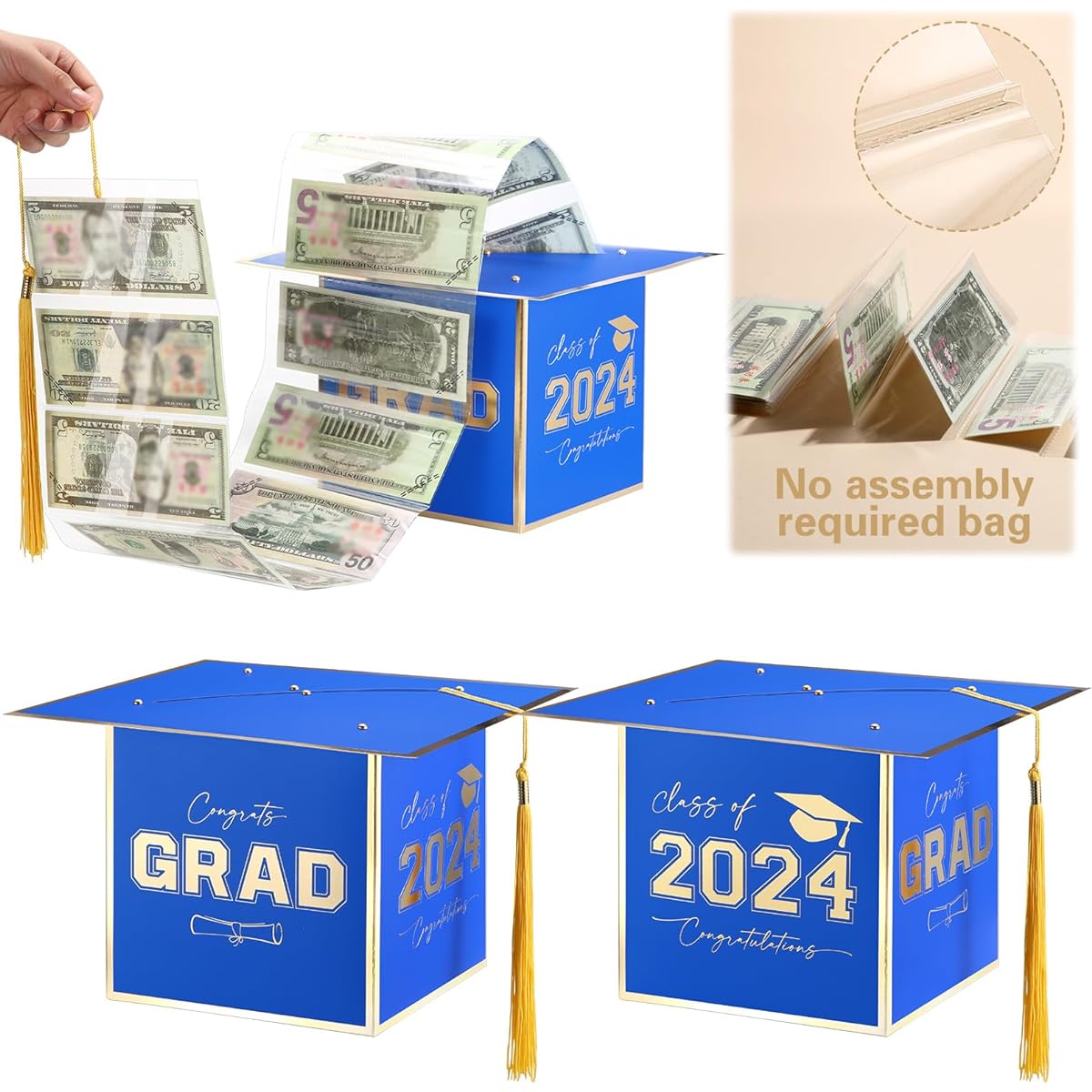 Spakon 3 Sets 2024 Graduation Piggy Bank for Cash Gifts, Graduation Money Holder, Surprise Cash Gift, Graduation Money Pull Box, High School High School Graduation Gifts (Blue Gold)