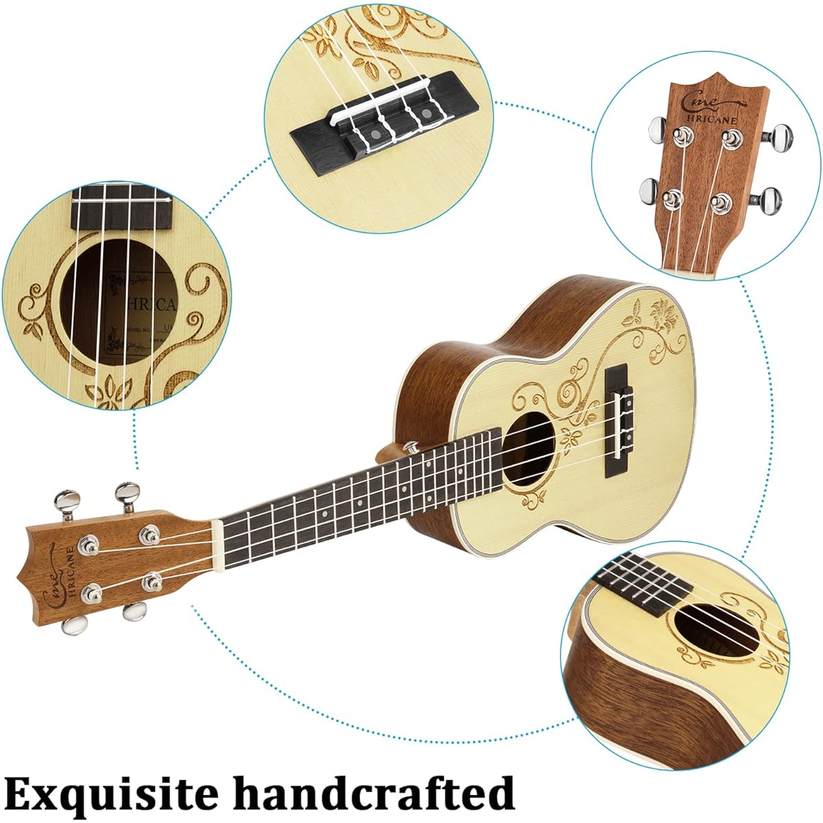 Hricane Concert Ukulele 23 Inch Spruce Flower Top Sapele Professional Ukulele Beginner Bag Digital Tuner Strap 4 String Set Pick Cleaning Cloth Included