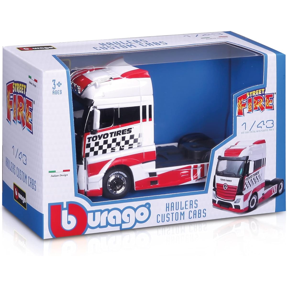 Bburago B18-32201 1:43 Street Fire Hauler Custom CABS MB ACTROS GIGASPACE Red Assorted Designs and Colors