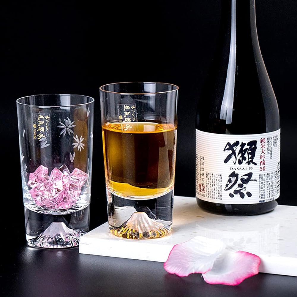 Fuji Glass, Tajima Glass, Mt. Fuji Mini Plain Tumbler x Mini Cherry Blossom Tumbler Glass, Pair Set, Set of 2, Sakura Kiriko Mini Souvenir Grand Prix, Edo Glass, Mt. Fuji, Sea, Whiskey Glass, Rock