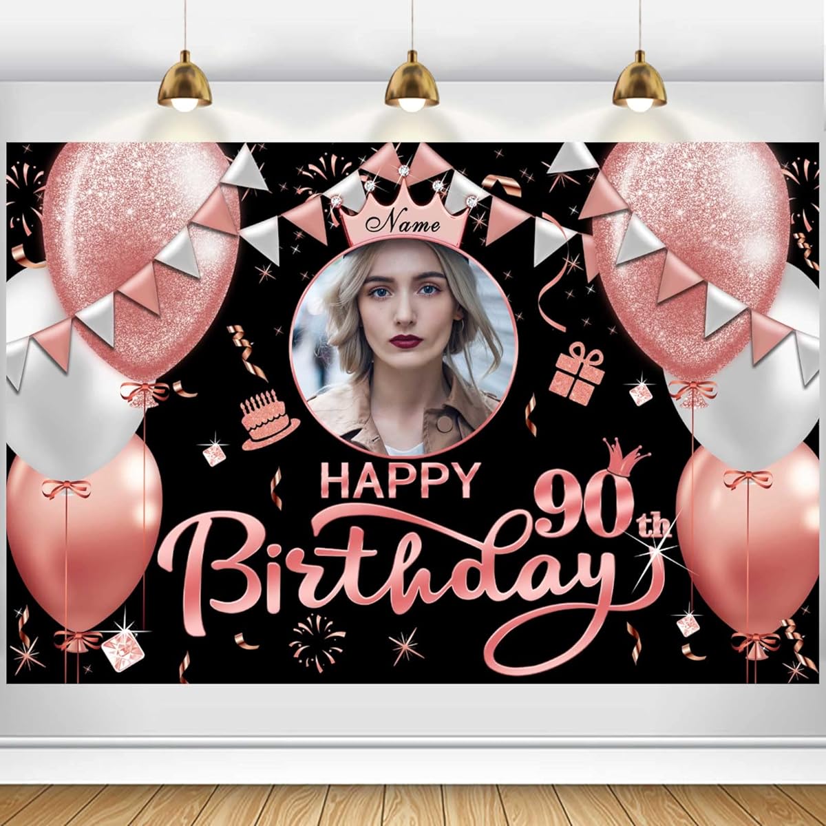 Rose Gold Happy 90th Birthday Banner Backdrop Large Happy 90th Birthday Yard Sign Backdrop It's My Birthday Backdrop Party Indoor Outdoor Car Decoration Supplies for Women Girls