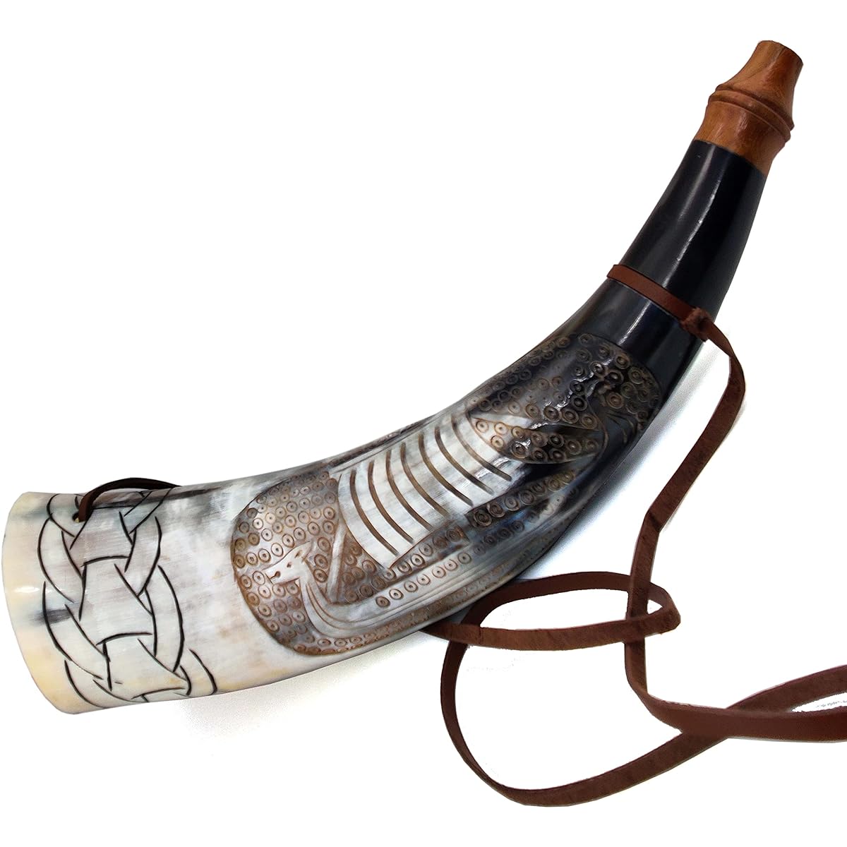 Viking War Horn - 40.6 cm Genuine Oxhorn Battle Trumpet - Premium Hand Engraved Boat Horn Viking Norse Cattle Ancient Horn Trumpet Hunting Tool BATTLE HORN Blowing Horn Viking BUGLE HORN with Wooden Stand