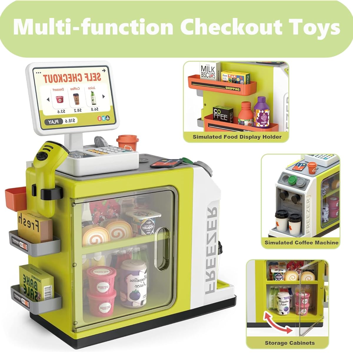WASAiKA Cash Register for Kids Pretend Play Store with Scanner and Calculator, Coffee Machine, Credit Cards, Pocket Money, Pretend Play for Toddlers, Gift for Boys and Girls Ages 3+ (Green)