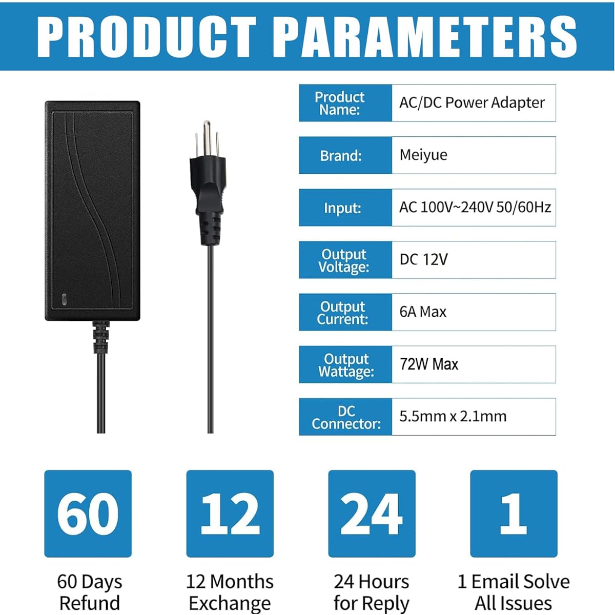 12 Volt 6 Amp Power Adapter Output 12V 6A 72W Wall Plug Switch 5.5mm x 2.1mm DC Output Jack Power Adapter Converter Regulator DC12V for 5050 LED Strip Light