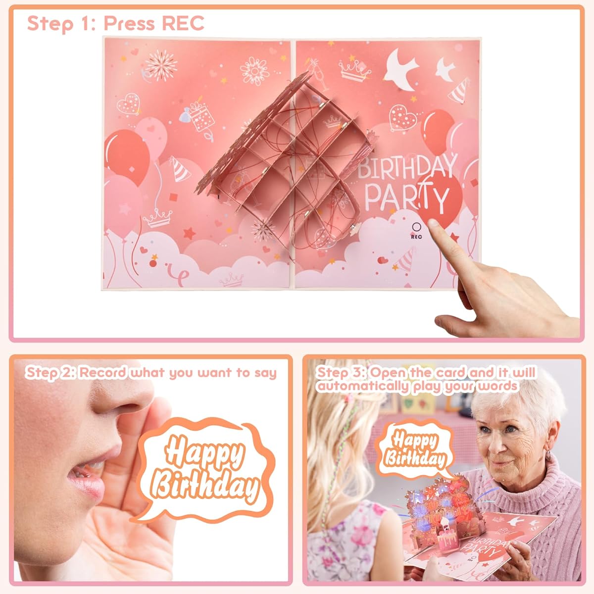 Birthday Card Pink Musical Birthday Card 3D Pop Up Surprise Greeting Card Voice Recordable Greeting Card with LED Light Candle and Happy Birthday Song Music Birthday Gift for Women