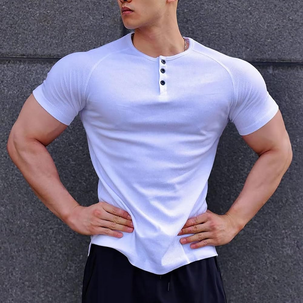 [KULIXI] Henley Neck Short Sleeve Men's T-Shirt Fitness Stylish Inner Shirt Stretch Casual Muscle Training Gym T-Shirt Plain Cut and Sewn Large Size DX5345