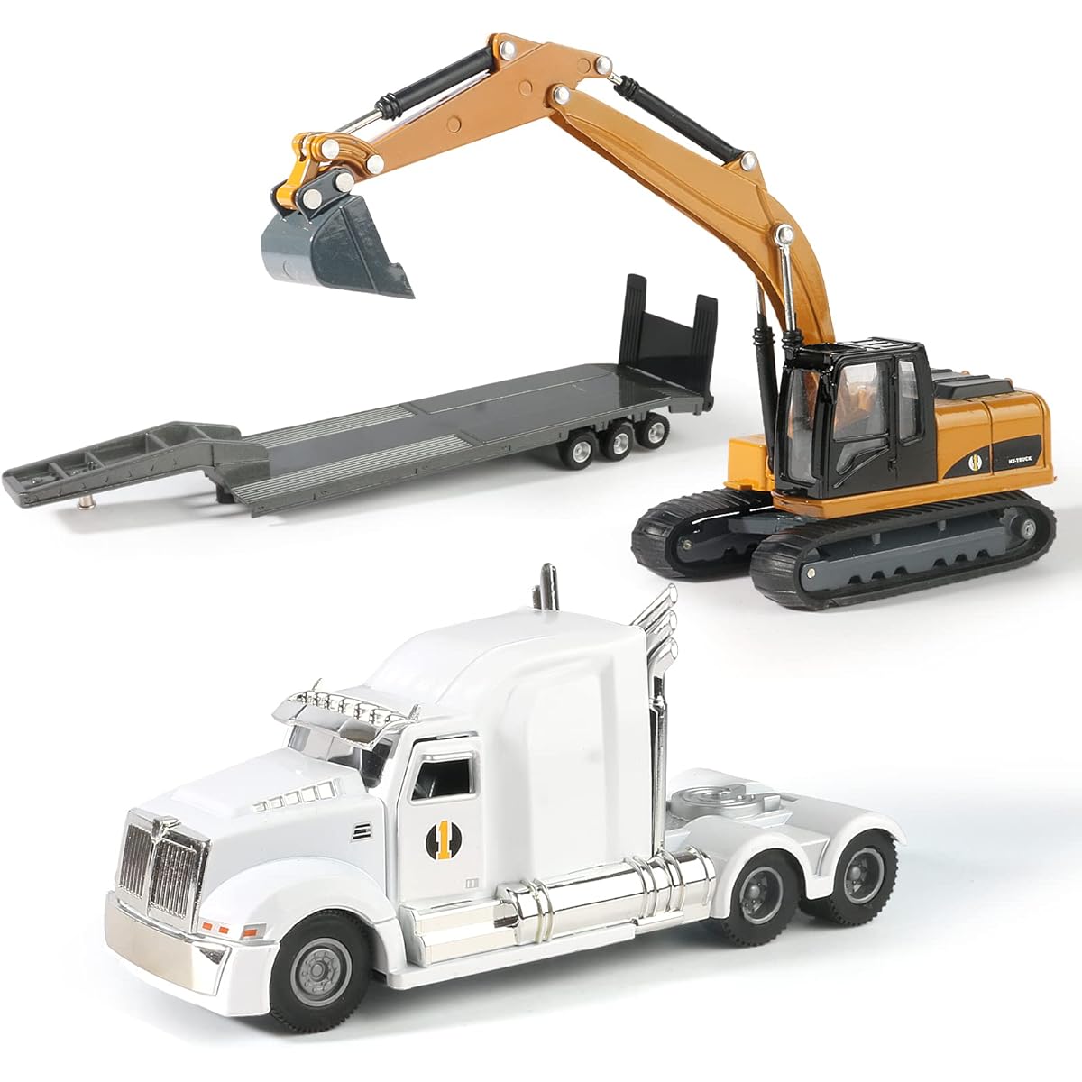 Diecast Semi Truck & Excavator Toy Model Metal Flatbed Truck with Excavator Tractor Metal Construction Vehicle Model Kids Toys