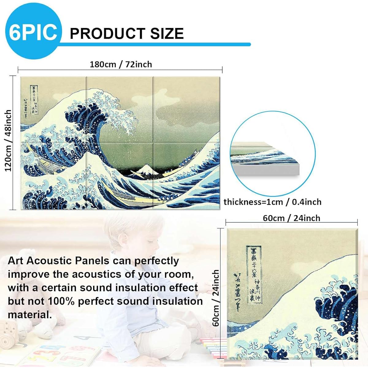 ave off Kanagawa Katsushika Hokusai (Total length of 6 panels 180 cm x 120 cm x 1 cm) Uses high quality materials Flame retardant Tideproof Can be used for walls and floors Sound absorbing panels Interior decoration Sound deadening Soundproofing measures