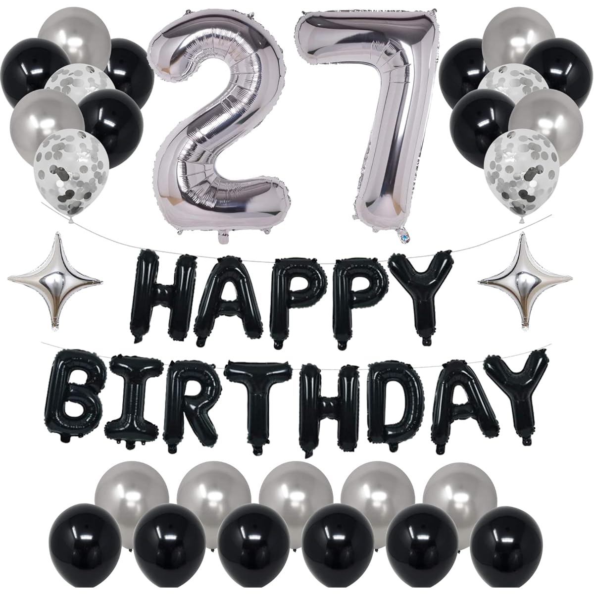 NANINUNENO 27th Black Silver Birthday Party Decorations for Men and Women, Happy 27 Birthday Party Supplies, Black Happy Birthday Banner, Silver Foil Stars, Happy Birthday Balloons for 27th Birthday