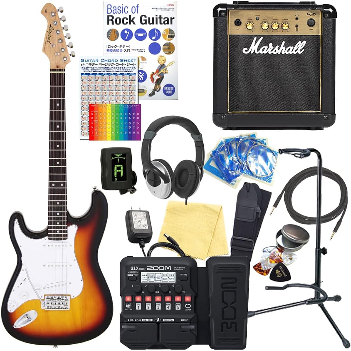 Electric guitar for left-handed beginners, Stratocaster type, 18-piece set with Marshall amp, Legend LST-Z LH 3TS [ZOOM G1XFour multi-effector included]
