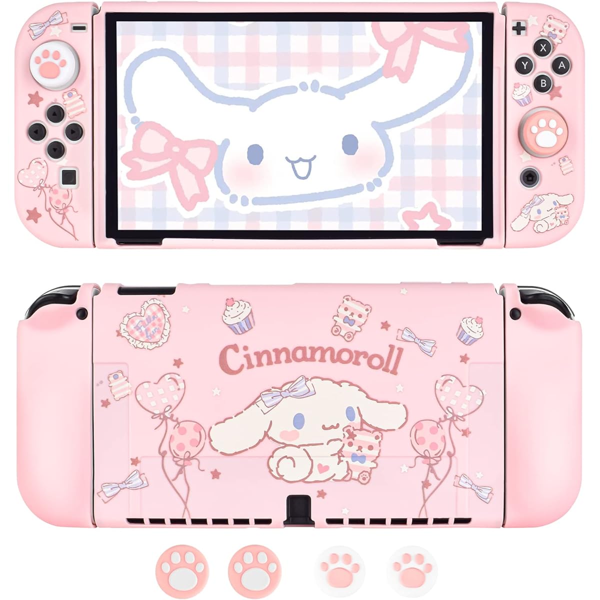 DLseego Cute Dog Switch OLED Protective Case Silicone Soft Cover Shockproof Pink Skin Joy Con Shell 4 Pieces Cat Claw Thumb Grip Cap