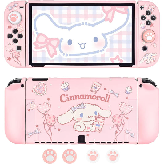 DLseego Cute Dog Switch OLED Protective Case Silicone Soft Cover Shockproof Pink Skin Joy Con Shell 4 Pieces Cat Claw Thumb Grip Cap