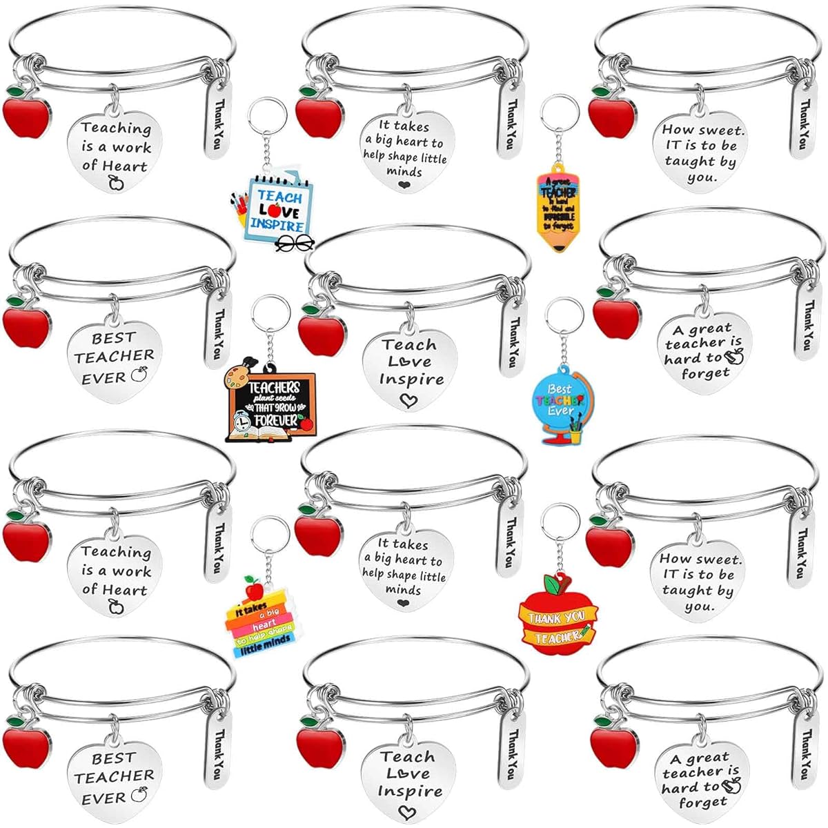 Henoyso 12pcs Teacher Keychains and 12pcs Teacher Appreciation Bangle Gifts Teacher Appreciation Keychains Mass Appreciation Teacher Bracelets End of School Year Gifts Teacher Graduation Christmas, as pictures shown