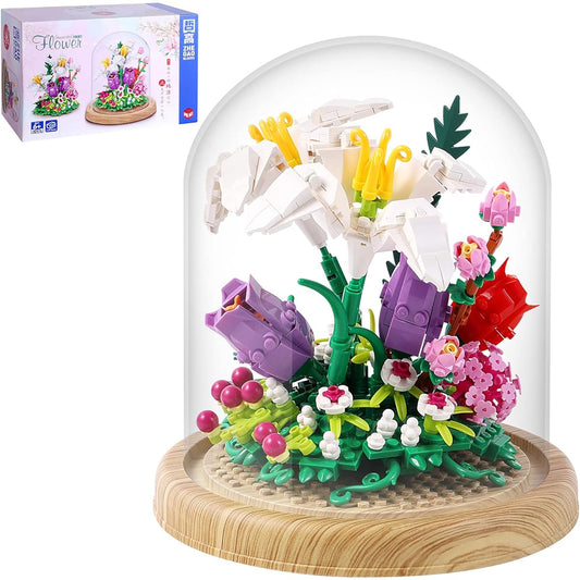 600 Pieces Creative Lily Flower Bonsai Tree Building Set Sweet Lily Building Blocks with Transparent Display Glass Cover Exquisite Decorative Flower Set Always Give Her the Warmest Love