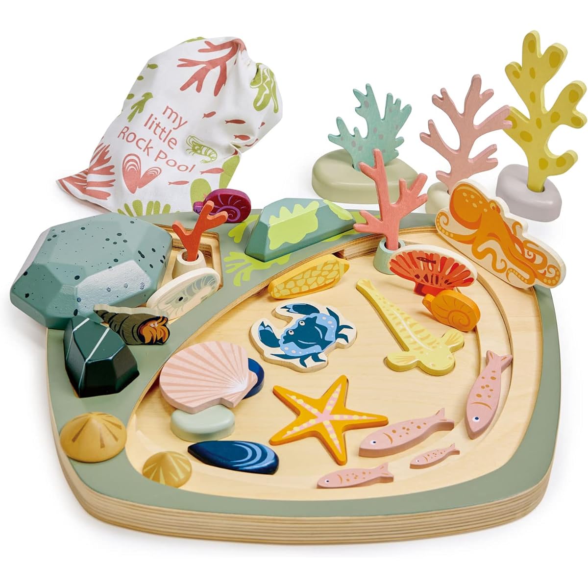 My Little Rock Pool by Tender Leaf Toys - 35 Piece Wooden Sea Creatures Set with Illustrated Drawstring Bag - Educational Toy, Improves Fine Motor Skills, Shape Sorting Play for Boys and Girls, Ages 3+