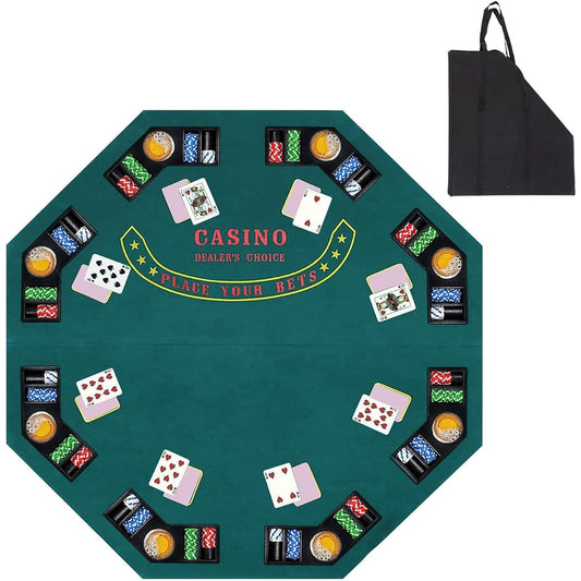 48" Foldable Poker Table Card Topper, Portable 8-Piece Poker Tabletop Mat with Cup Holder and Carry Bag, Texas Hold 'Em Foam Poker Tabletop Layout for Blackjack Board Game, Green Speed Felt