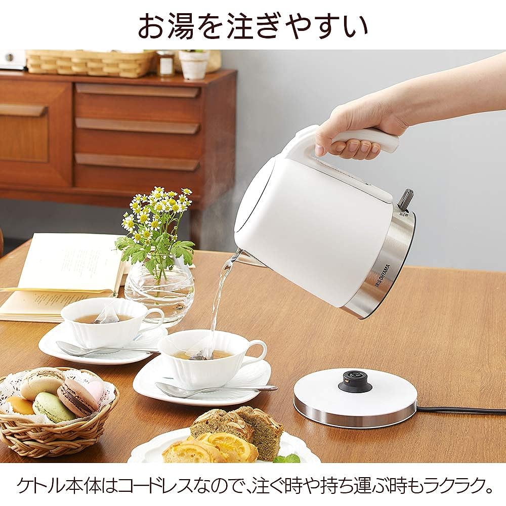 Iris Ohyama Electric Kettle, Large Capacity, 1000ml, Easy to Clean, Cleanable Filter, No Odor Transfer, Equipped with Dry Cooking Prevention Function, IKE-D1000-W WHITELABEL