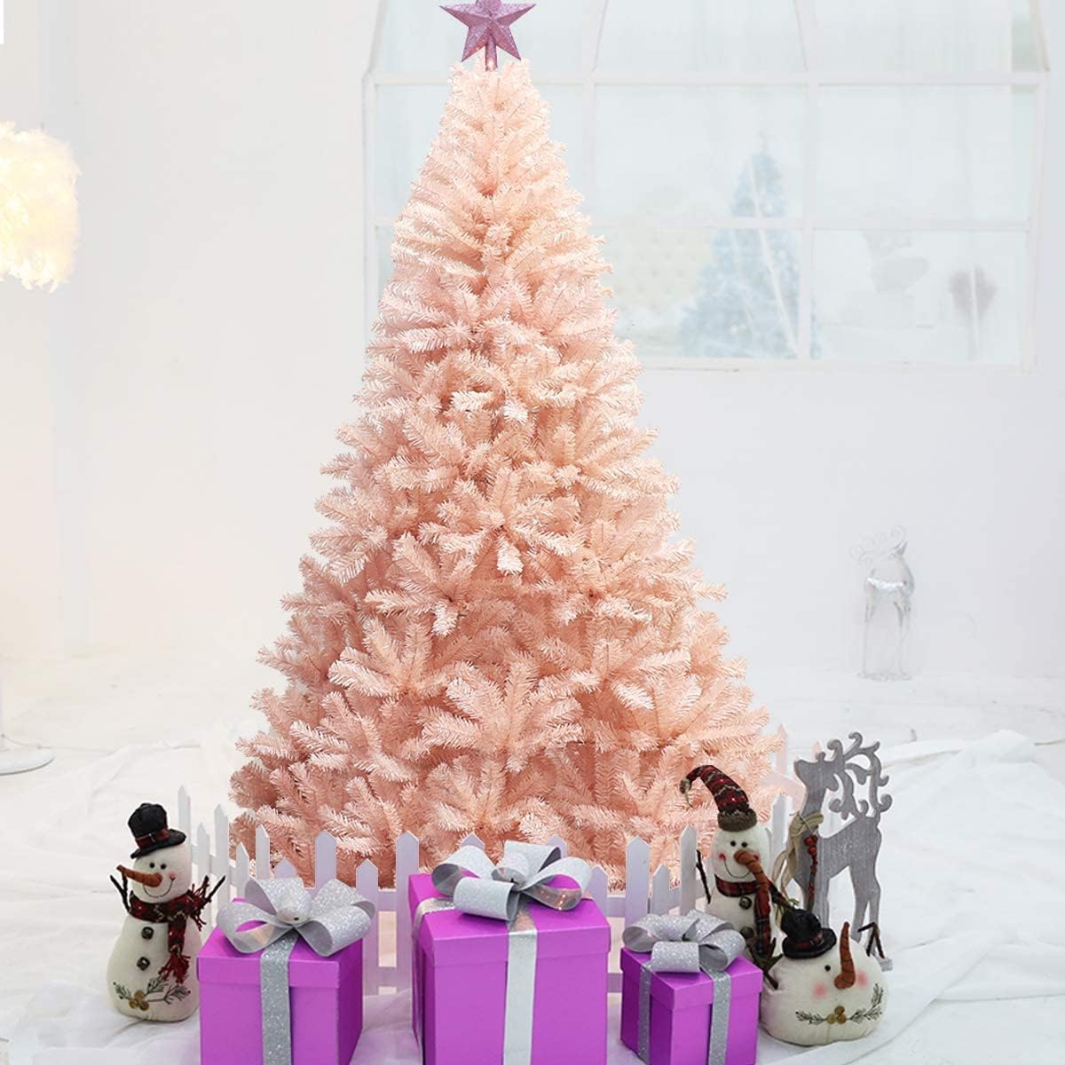 MAT EXPERT 7ft Pink Artificial Spruce Christmas Tree Premium Non-Lit Hinged Full Tree 937 Chips with Stable Metal Stand Easy Assembly 3 Section Fake Holiday Tree for Indoor/Outdoor Use