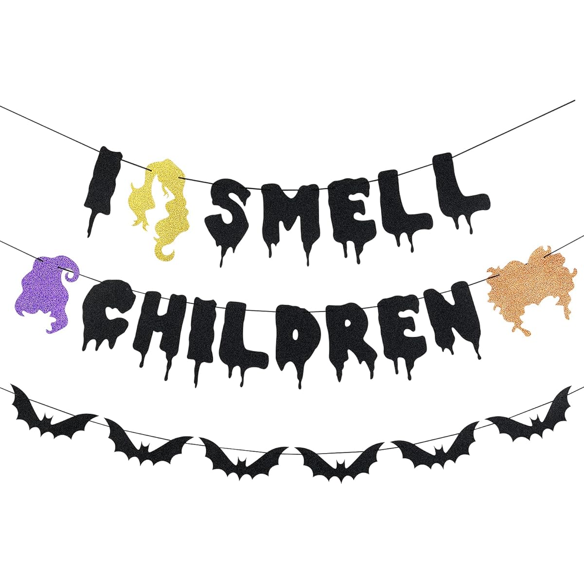 I Smell Kids Banner Black Glitter Hocus Pocus Halloween Party Decorations Hocus Pocus I Smell Kids Decorations Halloween Flying Bat Banner Home Fireplace Mantel Office Decor