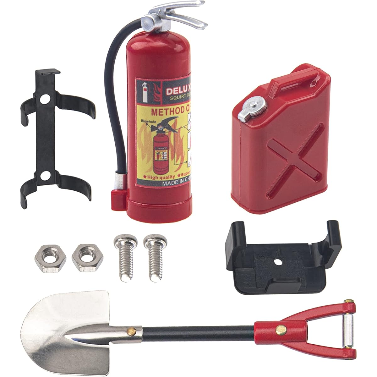 HIRCQOO 1/10 RC Scale Fire Extinguisher & Mini Fuel Tank & Metal Shovel Decoration Accessories Compatible with Traxxas TRX4 Axial SCX10 Redcat Gen7 D90 TF2 Tamiya CC01 HSP 1/10 RC Rock Crawler (Red)