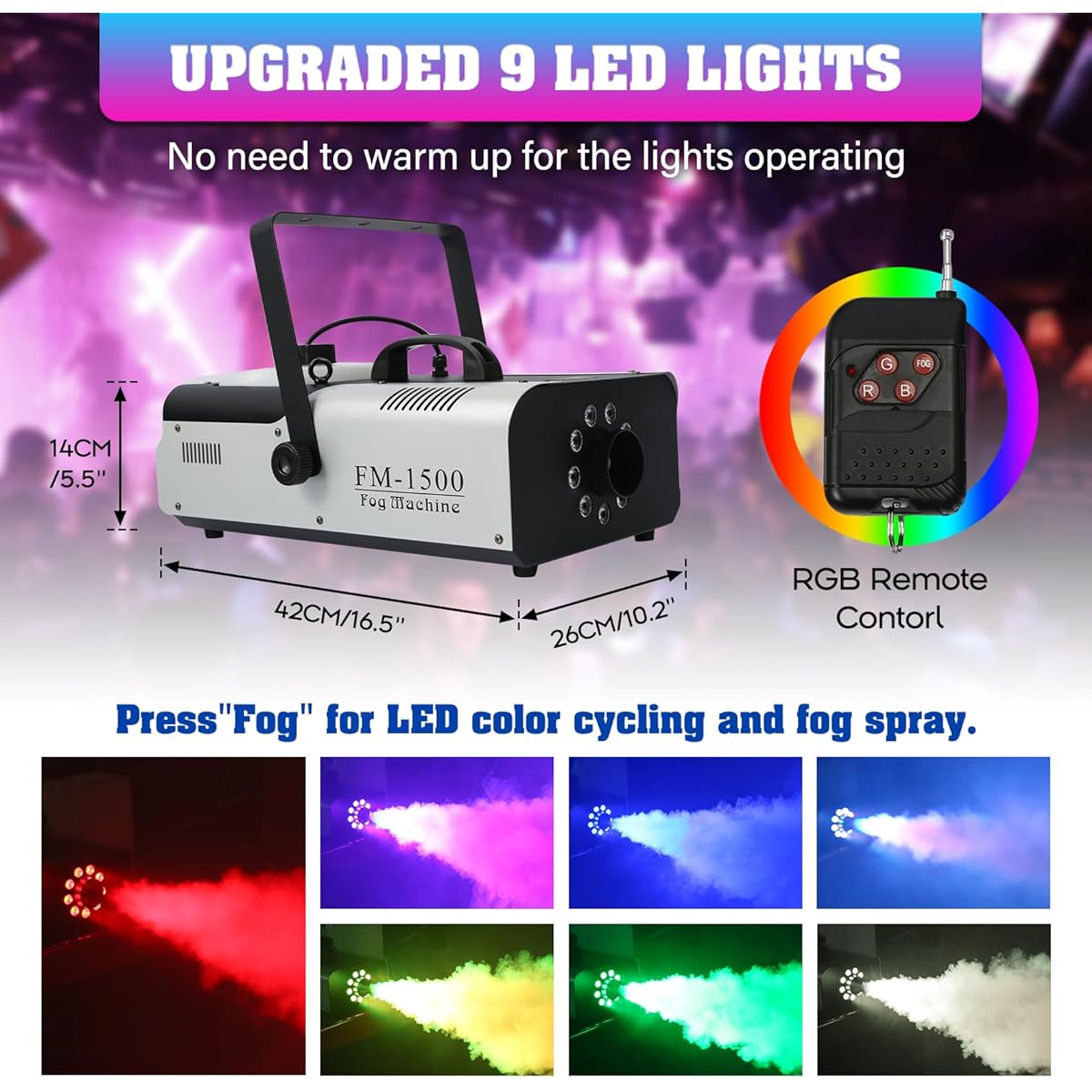 TCFUNDY Fog Machine with Light 1500W Smoke Machine 9 RGB LED Lights for DJ Halloween Wedding Party Stage with Remote Control
