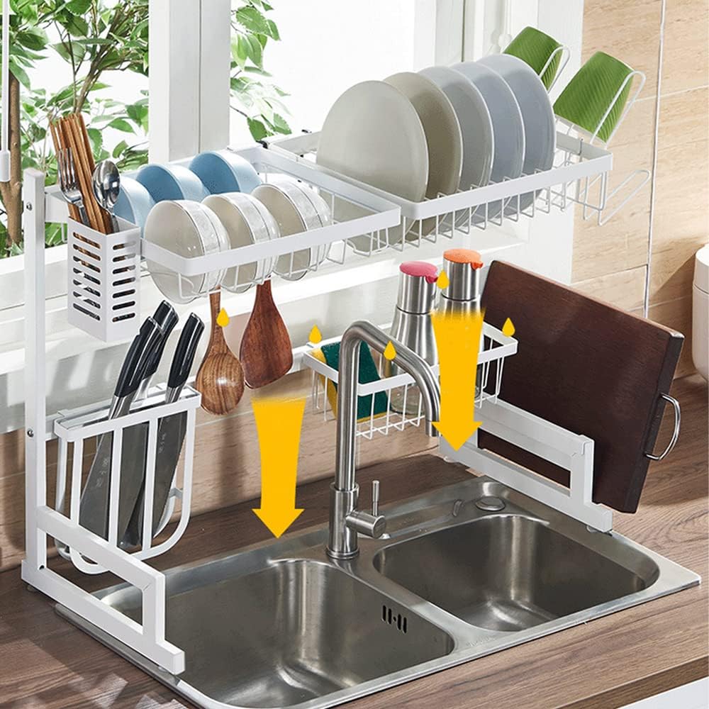 Dish drainer rack above the sink, extendable, white, tableware drainer, tension shelf, shelf to save space above the sink, kitchenware holder, stainless steel, for kitchen storage counter organization, tableware storage box, extendable, easy to assemble