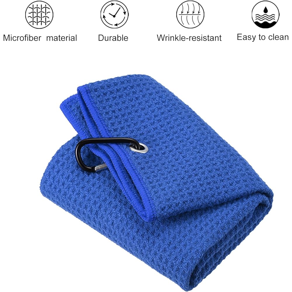 PATIKIL 60 x 40 cm Tri-Fold Golf Towel 3 Pieces Waffle Pattern Towel Soft Fiber Strong Absorption with D Clip for Golf Enthusiasts Dark Blue