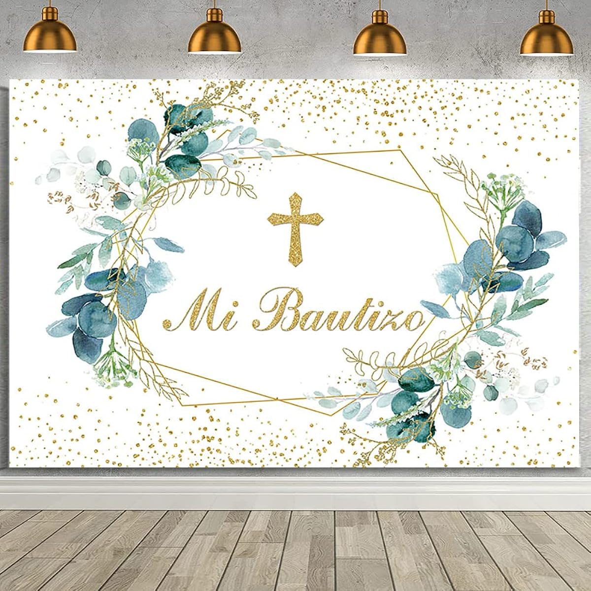 AIBIIN Mi Bautizo Backdrop Mexican Baptism Party Decorations Green Eucalyptus Gold Glitter Background God Bless First Communion Banner Baptism Newborn Baby Shower Party Decor Props Vinyl 7x5ft