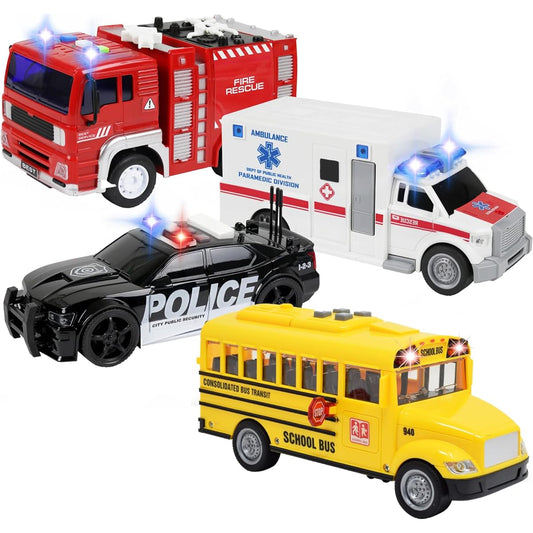 TeganPlay Emergency Vehicle Toy Set [4 Pack] | Ambulance Toy Fire Engine Police Car School Bus Toddler Vehicle for Kids Boys | Friction Drive Realistic Lights and Sounds