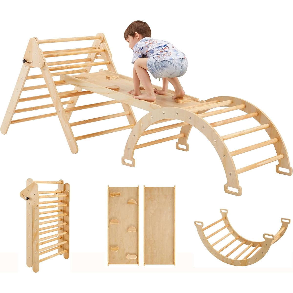 5-in-1 Pikler Triangle Gym Montessori Foldable Wooden Climbing Set with Slope Arch Climber with Rocker Toddler Climbing Triangle Learning Waldorf Kids Jungle Gym 2-6 Years Old (Natural)