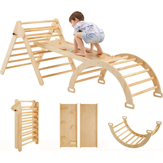 5-in-1 Pikler Triangle Gym Montessori Foldable Wooden Climbing Set with Slope Arch Climber with Rocker Toddler Climbing Triangle Learning Waldorf Kids Jungle Gym 2-6 Years Old (Natural)
