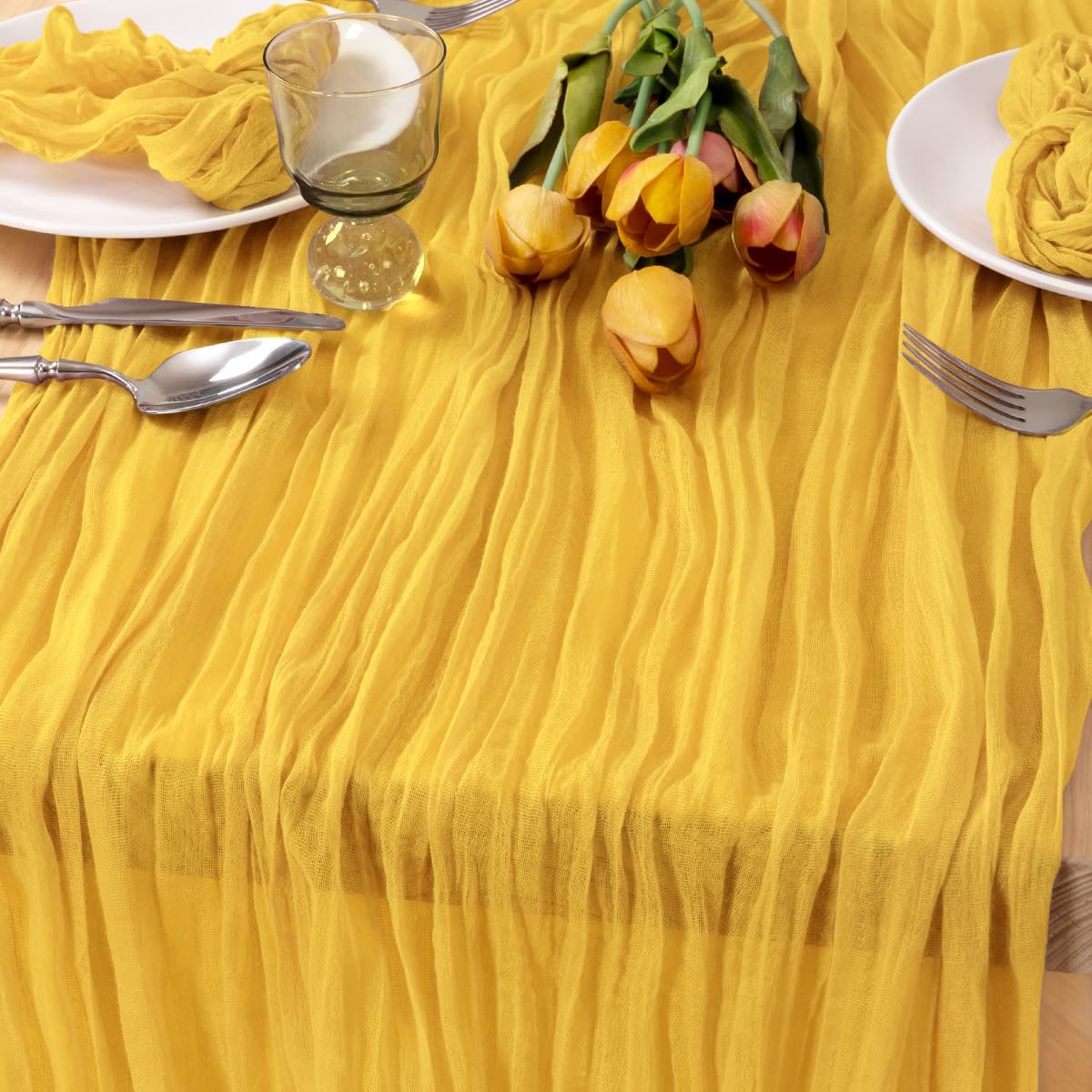 MLMC Gold Cheesecloth Table Runner 10ft Rustic Wrinkled Gauze Boho Table Runner 35x120inch Easter Baby Shower Decor