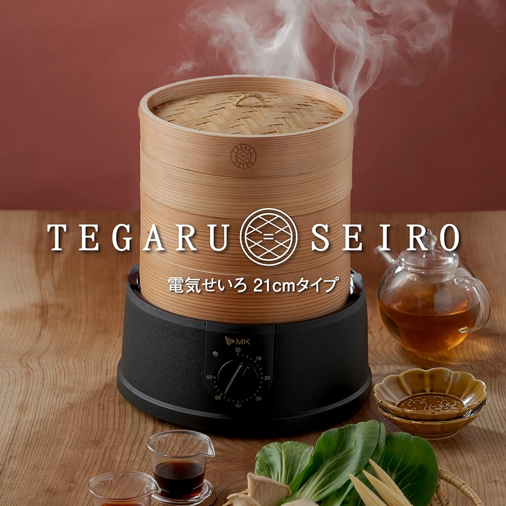 MK Seiko Steamer 2 Tier Set 21cm Electric Steamer Steamer Chinese Steamer Home Use Made of Cedar (Partially Made of Bamboo) Includes Extension Ring Lid Includes Recipe Book TEGARU=SEIRO Easy Steamer