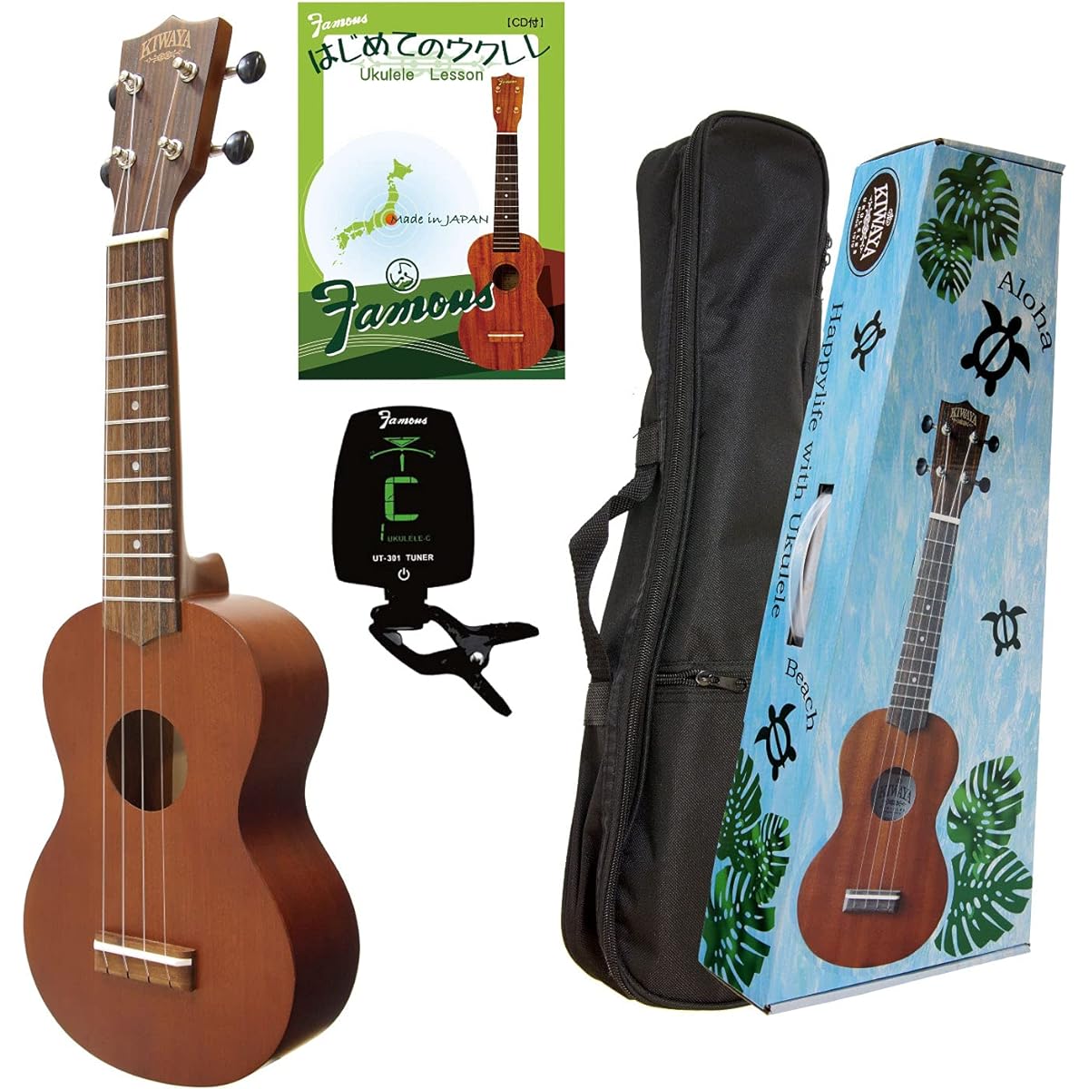 [KIWAYA] Soprano ukulele KSU-1 beginner set (mahogany plywood case, tuner, instruction book).