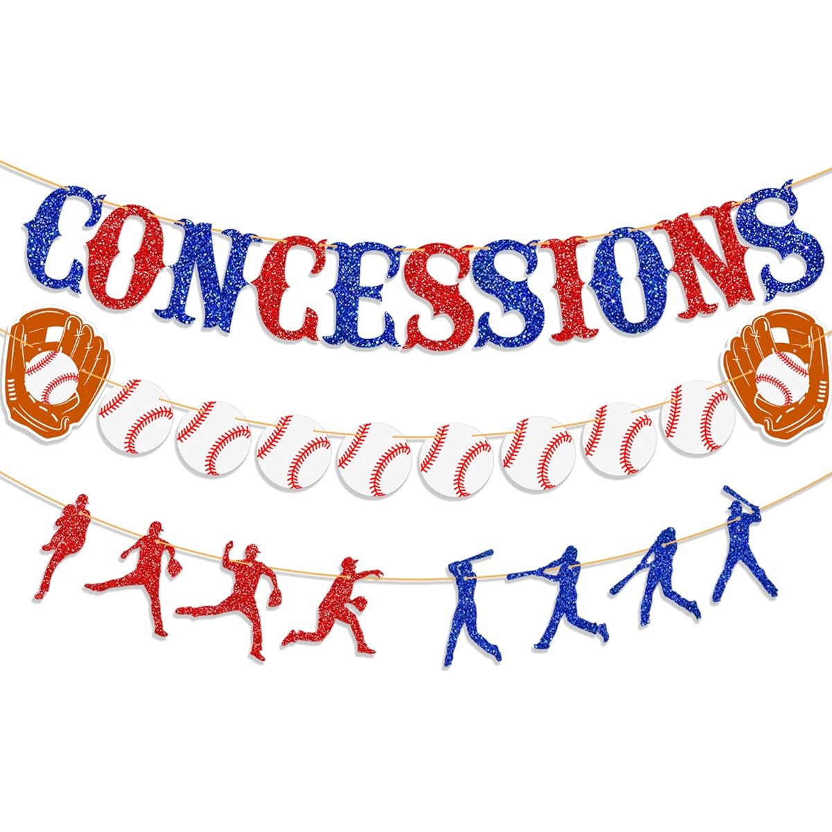 Ushinemi Baseball Birthday Banner, 3 Piece Glitter Concession Banner, Silhouette Garland, Paper Baseball Garland, Sports Theme Party Supplies
