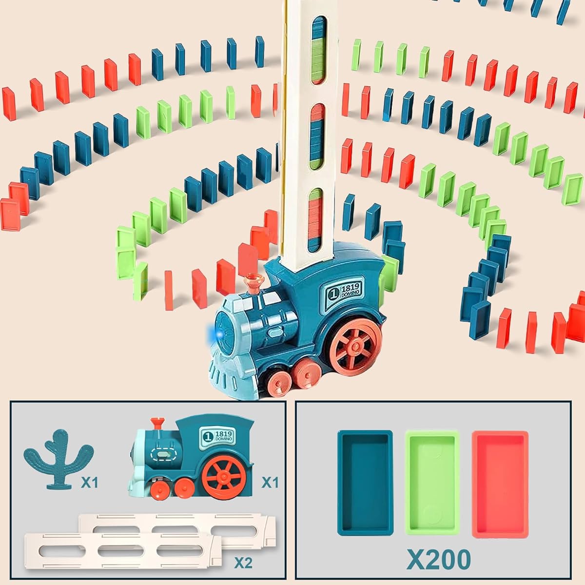 lewedo Domino Train - 200pcs Automatic Domino Train Toy Set, Fun Domino Game, Automatic Block Laying Toy Train Set for Kids, Block Domino Set, Building and Stacking Toys, Gifts for Boys and Girls
