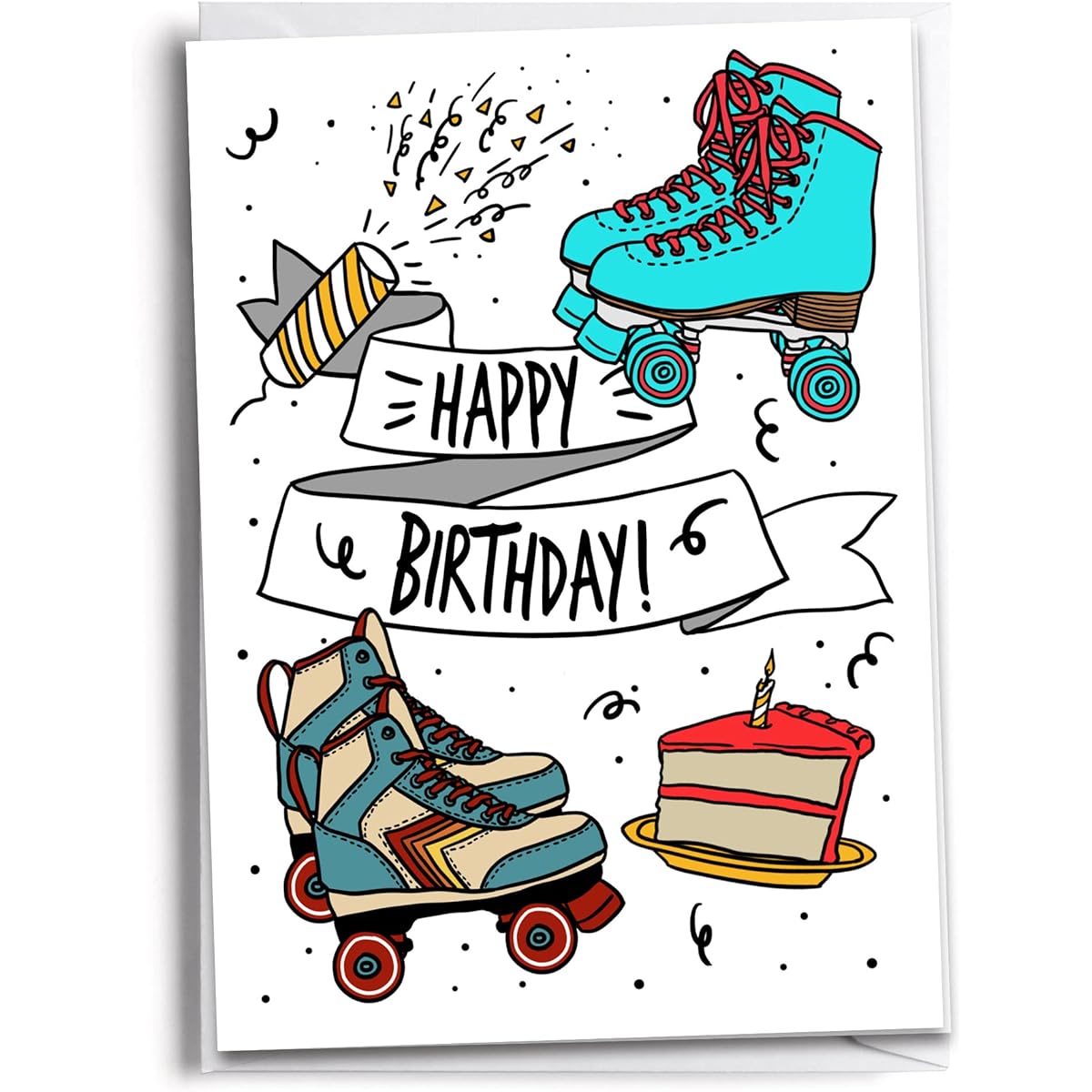 Sole inspired roller skates and cake birthday card | Fun and colorful happy birthday card | Colorful roller skates card