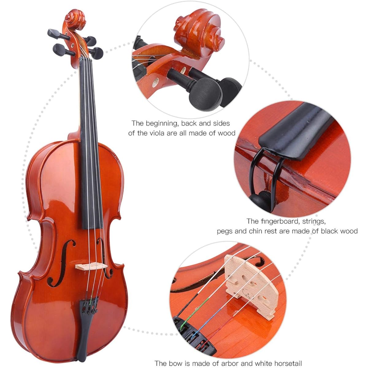 Solid Wood Viola, Bow Case Natural Color String Instrument Viola Beginner
